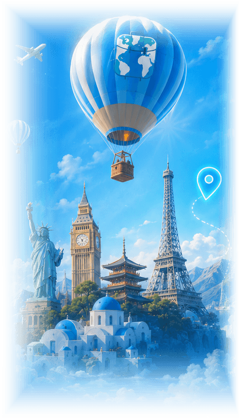 Isla flotante entre nubes con la Estatua de la Libertad, el Big Ben, la Torre Eiffel y un globo aerostático de Journety