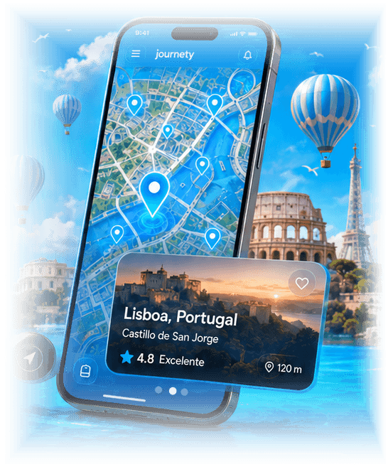 Smartphone mit der Journety-Karte von Lissabon, umgeben von Sehenswürdigkeiten, Heißluftballons und beleuchtetem Wasser