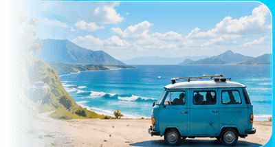 Campervan an einer Straße mit Blick aufs Meer