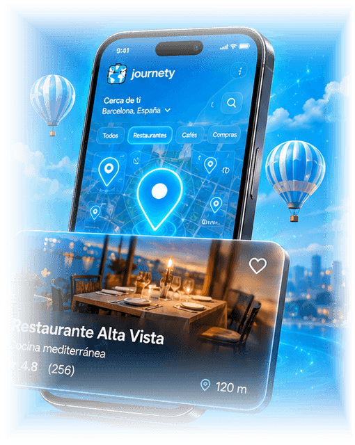 Teléfono con el mapa de Journety en Barcelona y la ficha destacada de un restaurante